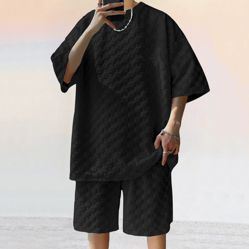 Unisex extra-large leisure set made of textured waffle quality with round neck and loose-fitting bermuda shorts StylebySassy