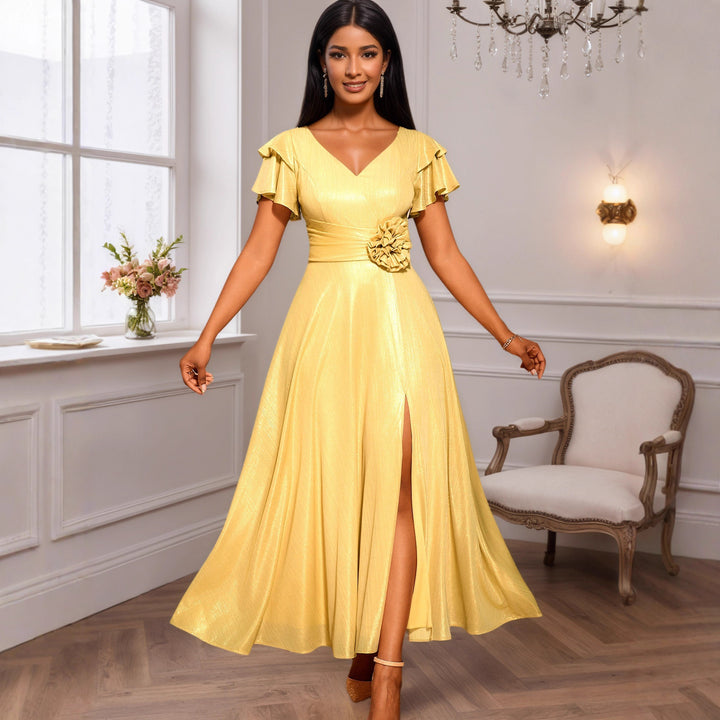 Ladies Elegant Maxi Dress with Lavish Ruffle and Floral Accent StylebySassy