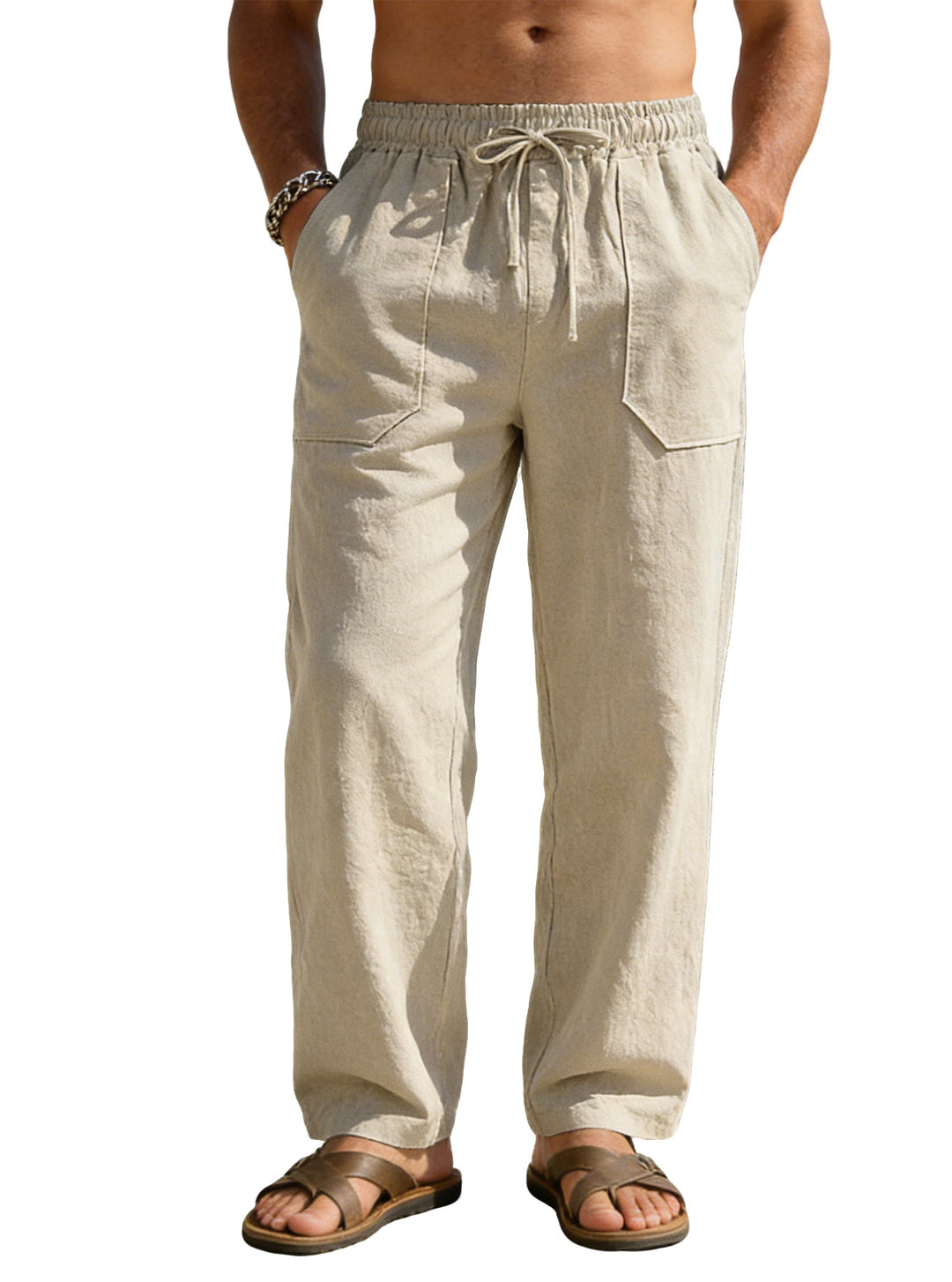 Men's wide Relaxed pants made of linen blend with drawstring waistband and patch leg pockets StylebySassy