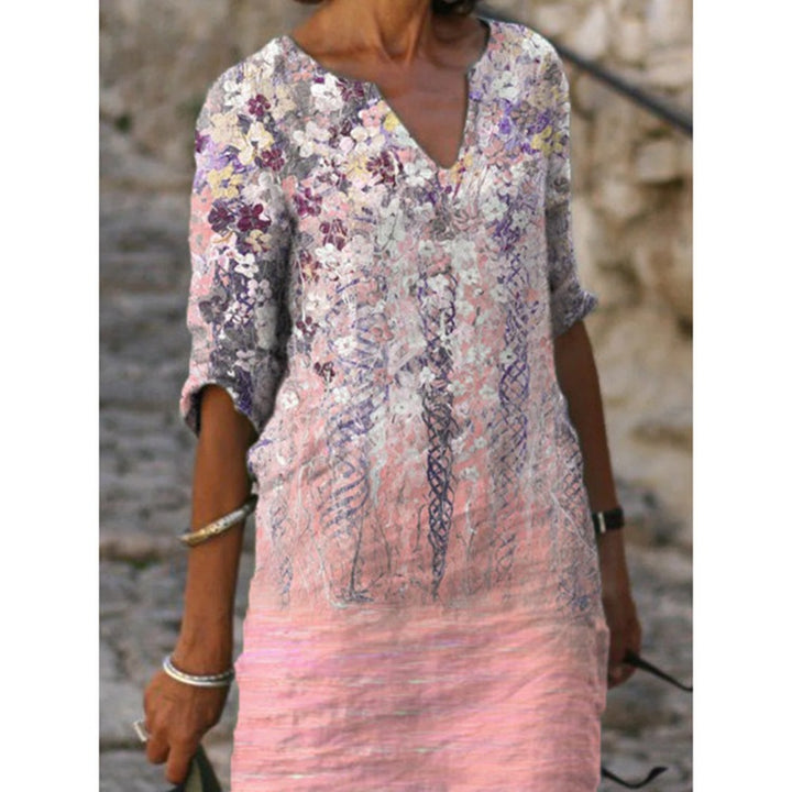 Women's knee-length midi dress in a material mix with floral lace surface, V-neck and crinkle texture StylebySassy