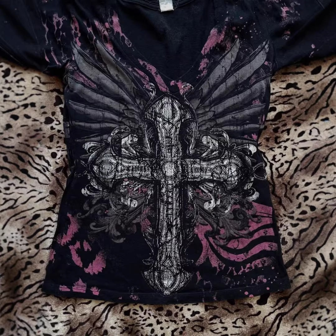 Women’s V-Neck T-Shirt with Impressive Graphic Cross StylebySassy