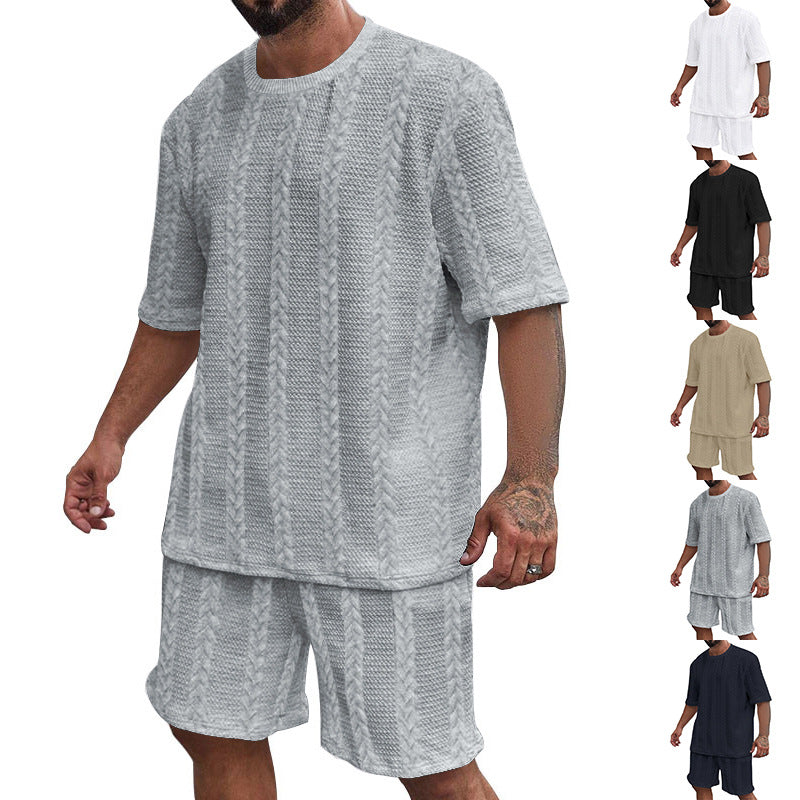 Men's relaxed braid-knit leisure set with wide short-sleeve shirt and elastic Bermuda StylebySassy