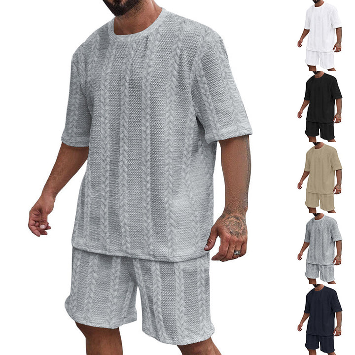 Men's relaxed braid-knit leisure set with wide short-sleeve shirt and elastic Bermuda StylebySassy