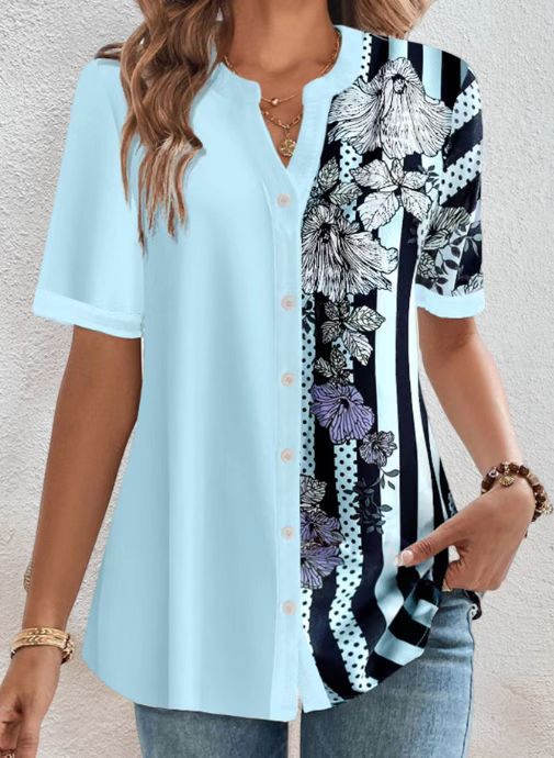 Women two-piece shirt blouse with asymmetrical pattern mix, button placket and loose hip length StylebySassy