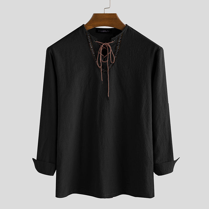 Men's linen tunic shirt with lacing and ethnic border StylebySassy