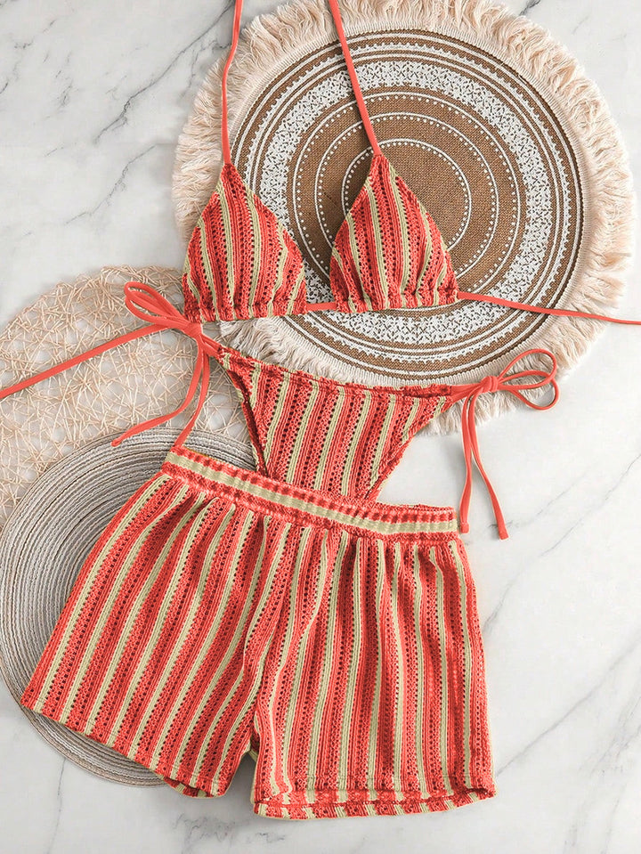 Women's bikini set with striped design and casual shorts StylebySassy
