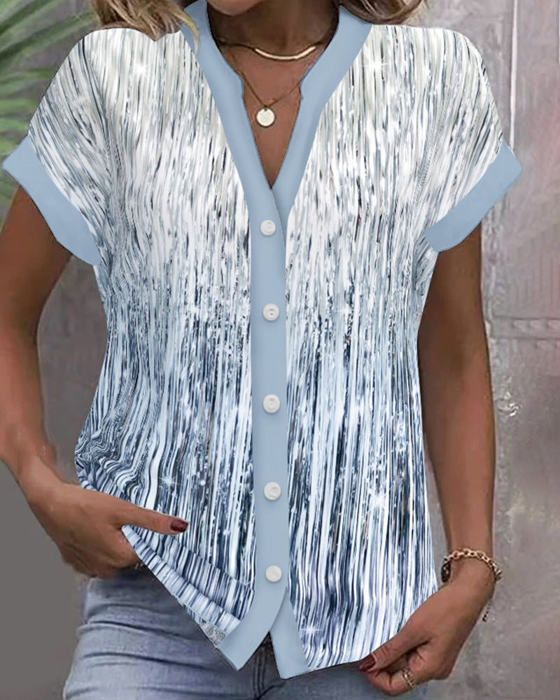 Women's short sleeve blouse with vertical brushstroke print, contrasting button placket and loose hem StylebySassy