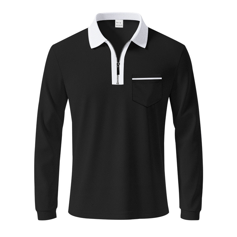 Men's long-sleeved polo with half zip, patch chest pocket, and fine structure jersey quality StylebySassy