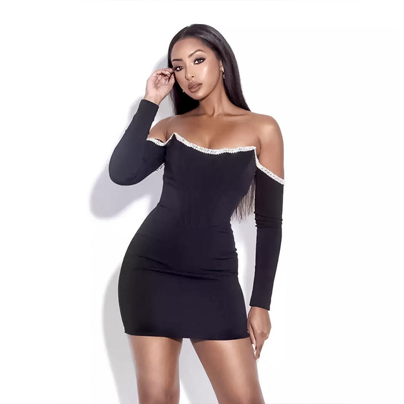 Women's Seductive Mini Dress with Off-Shoulder Design and Decorative Rhinestones