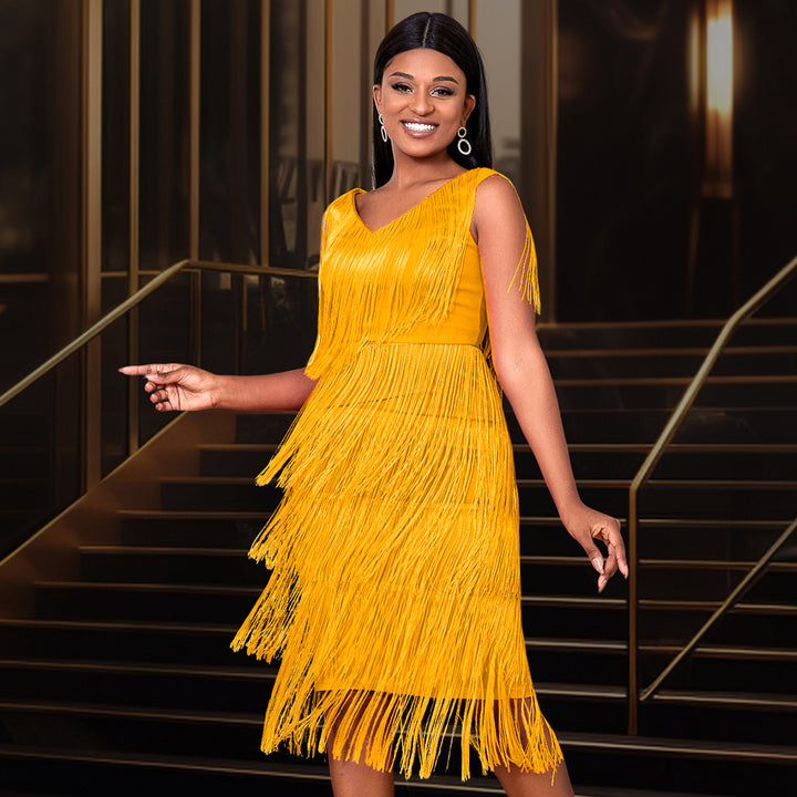 Women's fringed dress with elegant V-neck and swinging hem