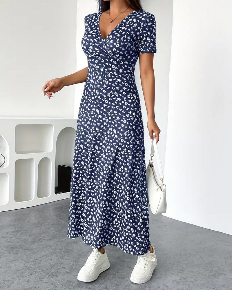 Women's fitted jersey midi dress with crossover top, short sleeves, and flared skirt StylebySassy