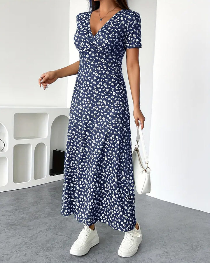 Women nan tailored V-neck wrap maxi dress made of viscose jersey with short sleeves and A-line hem StylebySassy
