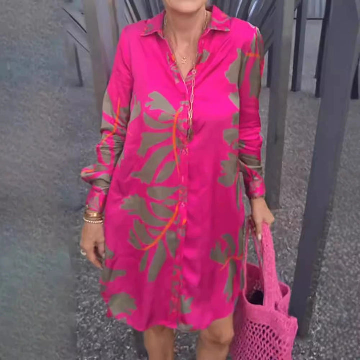 Women's short tunic shirt dress in satin look with large leaf print, shirt collar and loose A-line StylebySassy