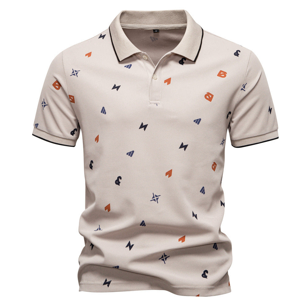Men's short-sleeved pique polo shirt with geometric all-over print, kent collar, and contrast trim StylebySassy