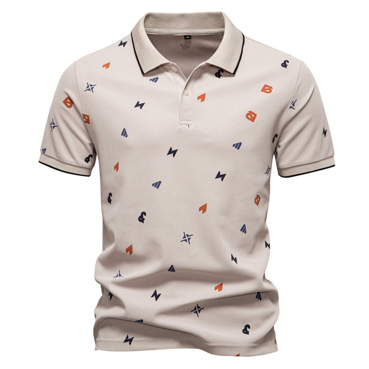Men's short-sleeved pique polo shirt with geometric all-over print, kent collar, and contrast trim StylebySassy