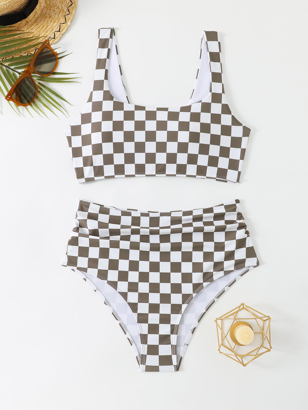 Women's High-Waisted Bikini Set with Checker Pattern StylebySassy