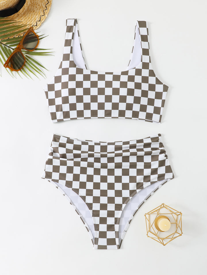 Women's High-Waisted Bikini Set with Checker Pattern StylebySassy