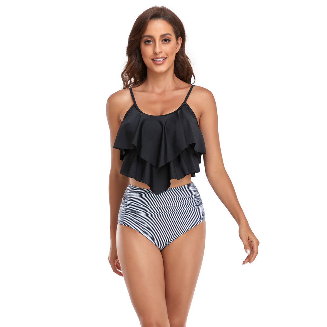 Women's tankini set with flowing ruffle design and figure-hugging bikini bottom StylebySassy