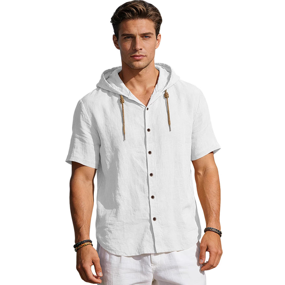 Men's tailored short-sleeve hooded shirt in textured linen look with wood look buttons and drawstring StylebySassy
