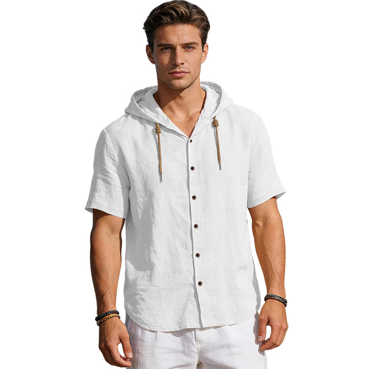 Men's tailored short-sleeve hooded shirt in textured linen look with wood look buttons and drawstring StylebySassy