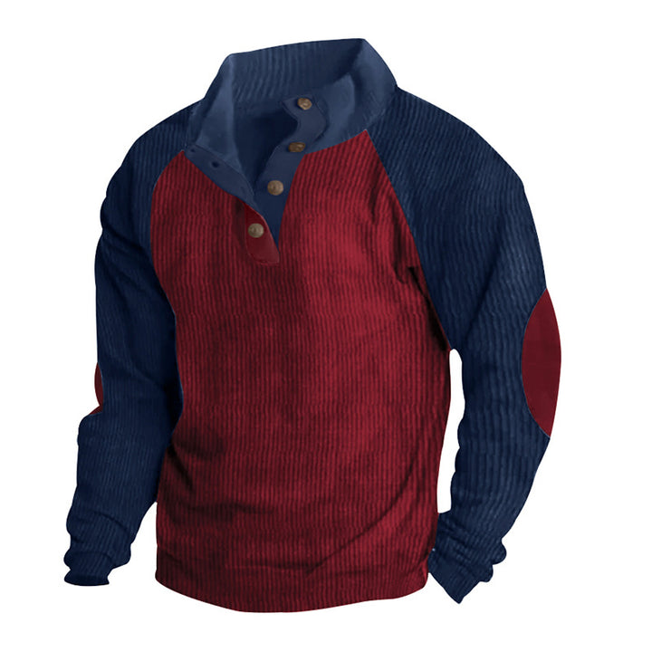 Men's thermal cord pullover with button placket, stand collar, raglan sleeves, and elbow patches StylebySassy