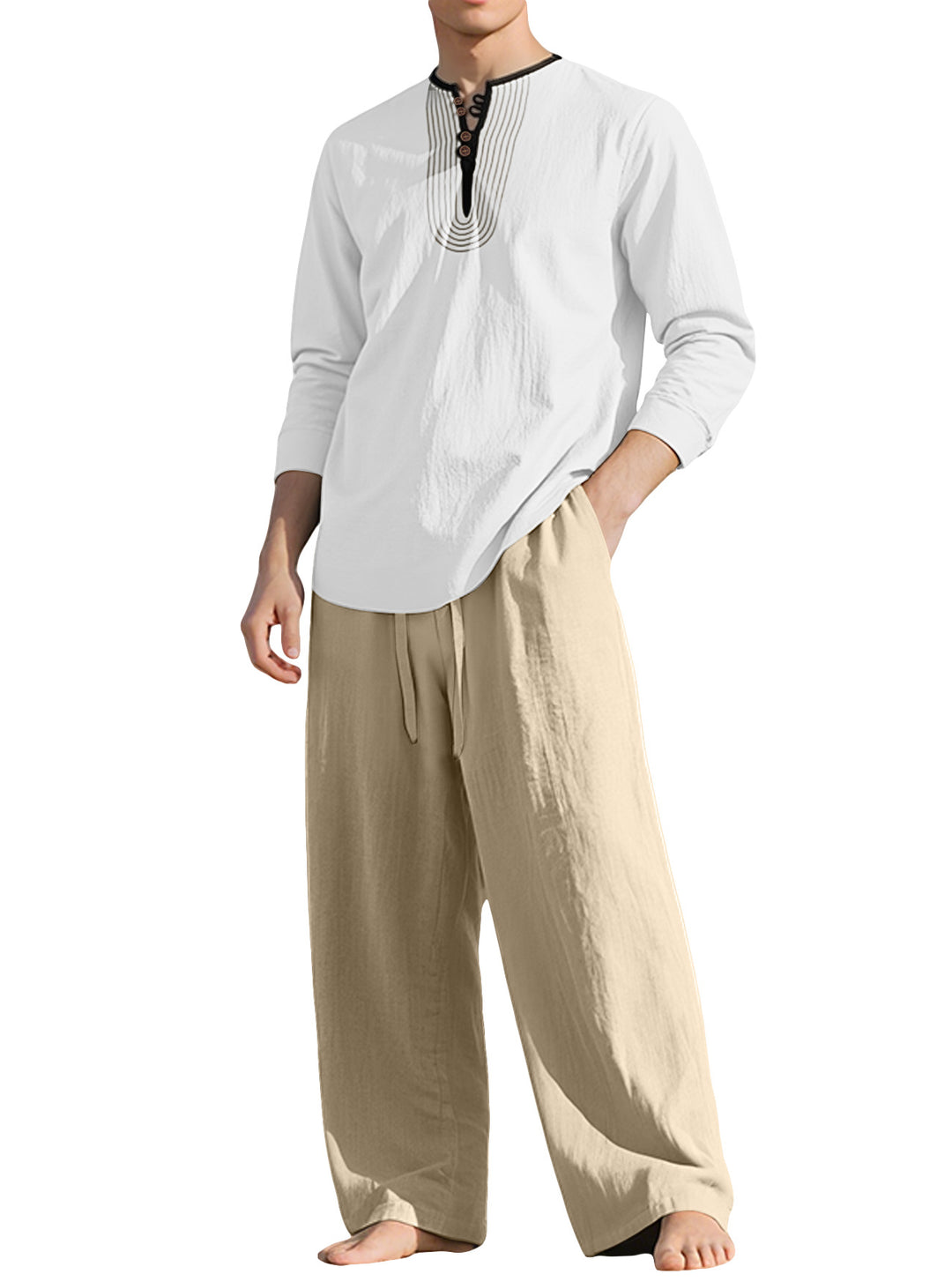 Men's tunic and Palazzo pants set with Henley placket, decorative embroidery and wide cut StylebySassy