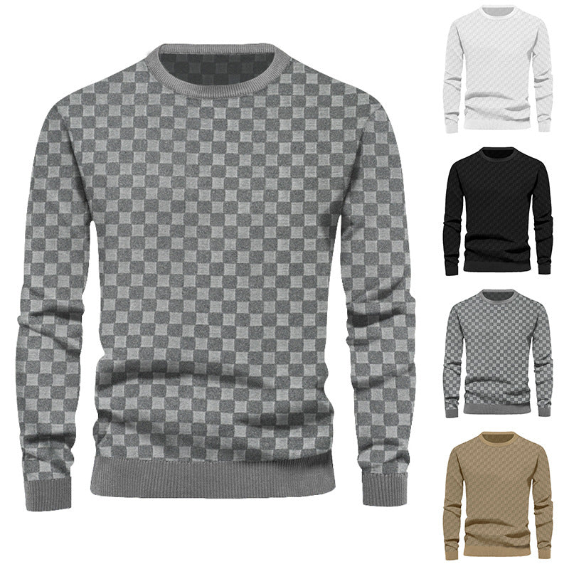 Men's finely structured round neck sweater with check relief and ribbed cuffs StylebySassy