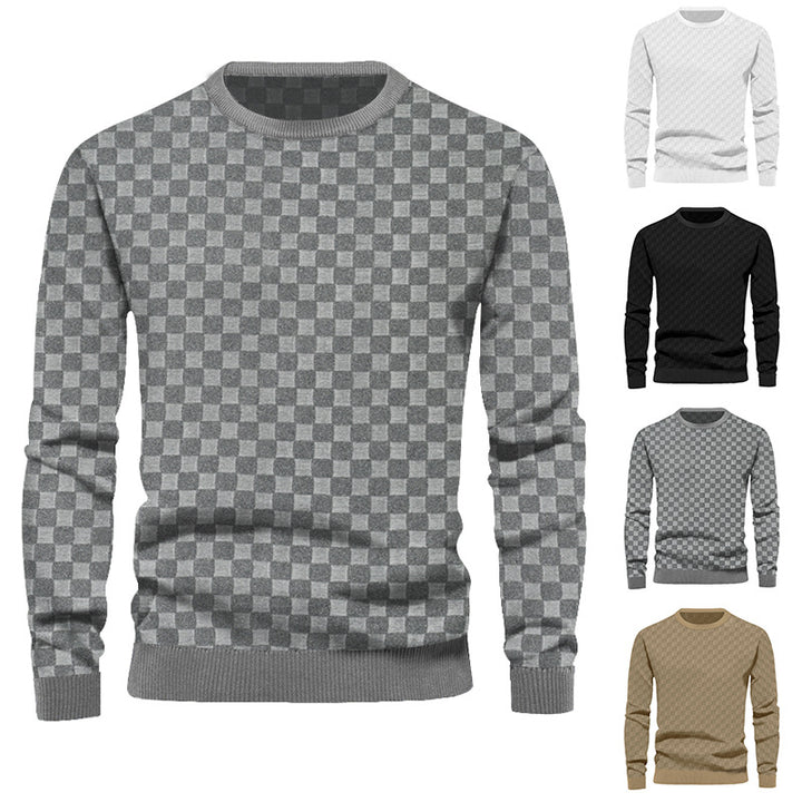 Men's finely structured round neck sweater with check relief and ribbed cuffs StylebySassy