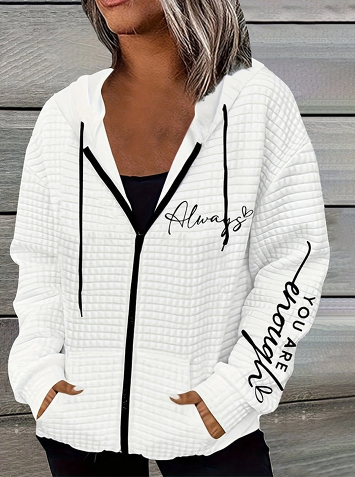 Women's oversized hooded jacket with zipper, handwritten typo application and contrast side pockets StylebySassy