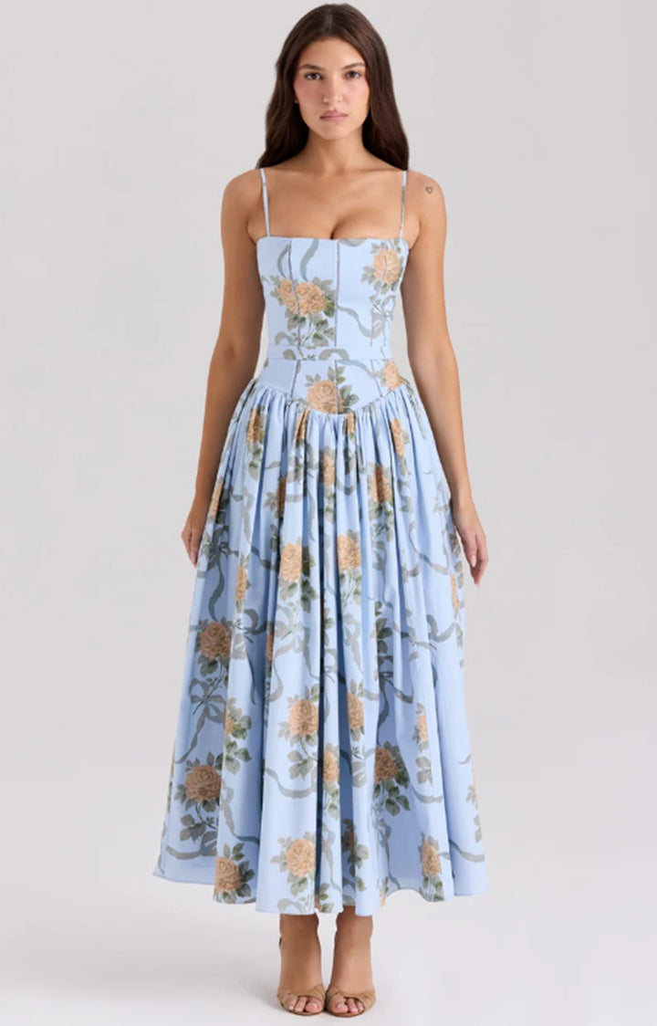 Women's tailored corset dress with spaghetti straps and voluminous circle skirt StylebySassy