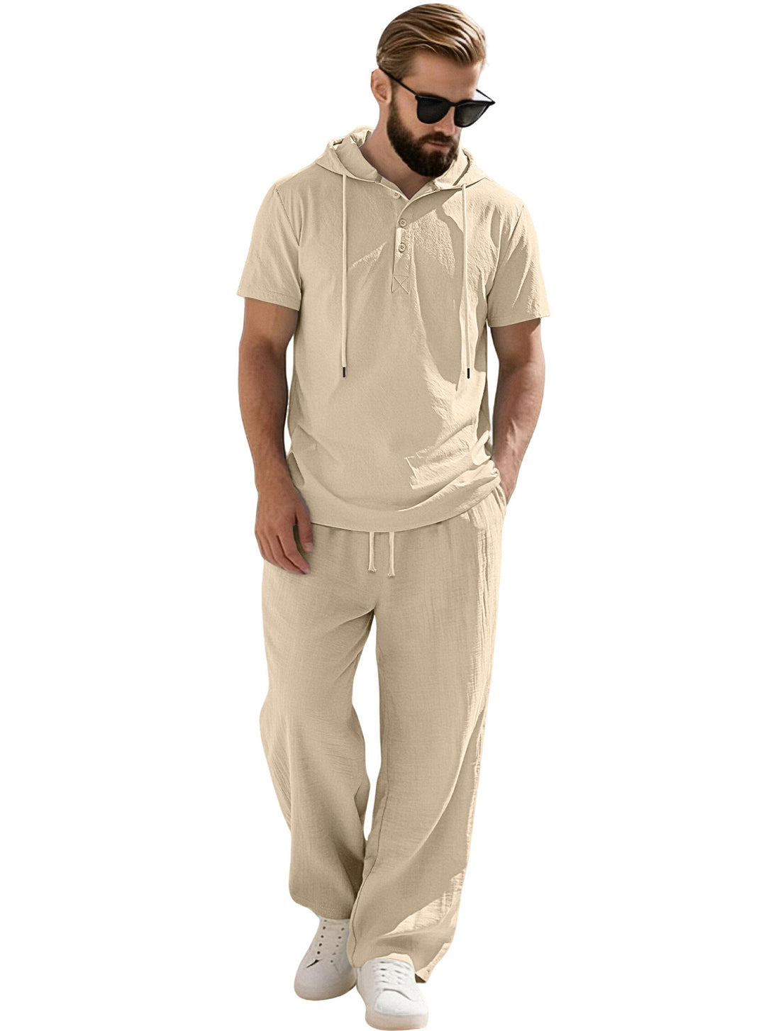 Men's casual short-sleeve hooded shirt in crinkled cotton blend with Henley button placket StylebySassy