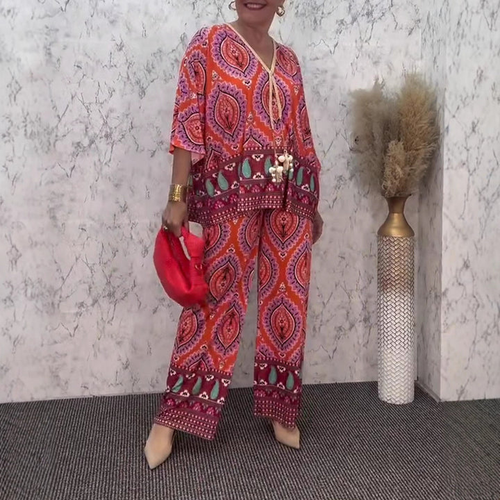 Ladies relaxed tunic and palazzo pants set with V-neck fringe band and wide leg StylebySassy