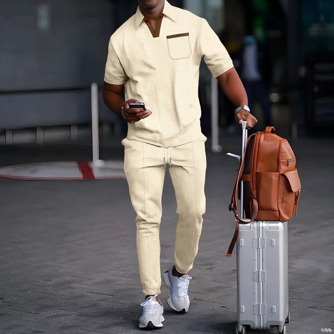 Men's casual leisure set made of elastic jersey with V-neck, chest pocket, and drawstring waistband StylebySassy
