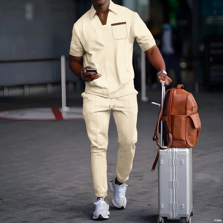 Men's casual leisure set made of elastic jersey with V-neck, chest pocket, and drawstring waistband StylebySassy