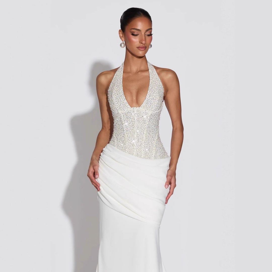 Women Glamorous Evening Dress with Deep V-Neck and Decorative Sequins StylebySassy