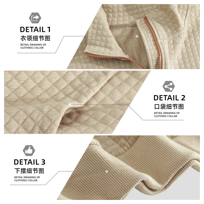Men's waffle texture half-zip with stand-up collar, kangaroo pocket, and suede look elbow patches StylebySassy