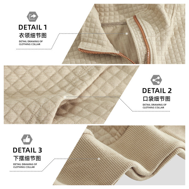 Men's waffle texture half-zip with stand-up collar, kangaroo pocket, and suede look elbow patches StylebySassy