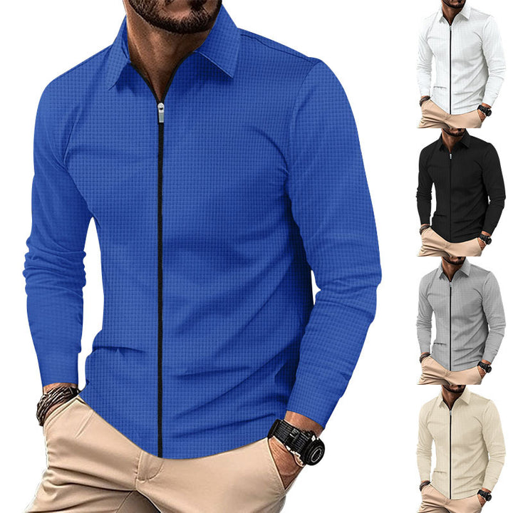Men's structured long-sleeve polo in waffle knit with shirt collar and narrow shoulder section StylebySassy
