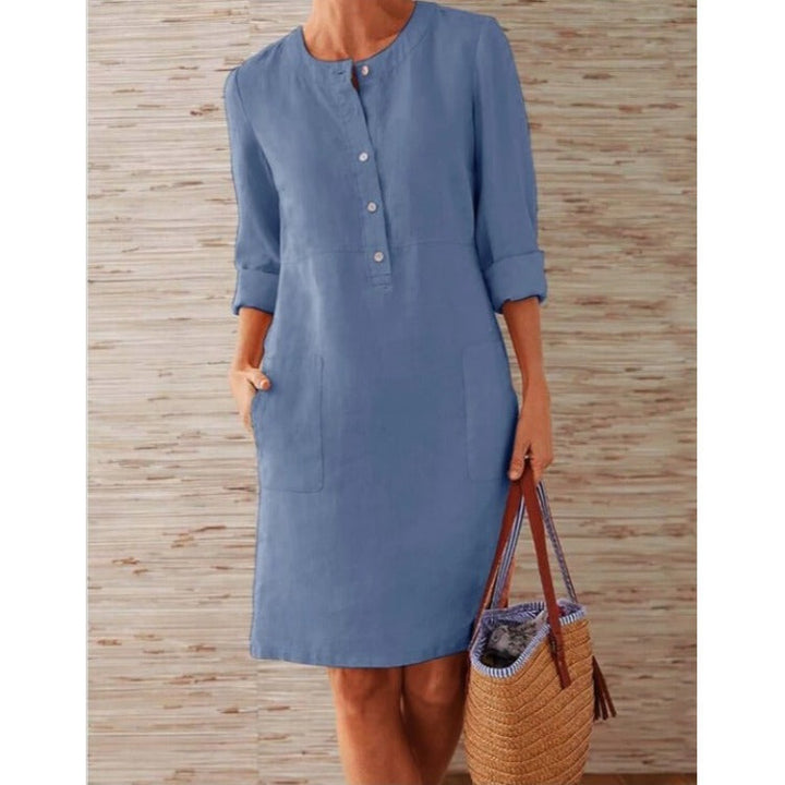 Women’s Lightweight Linen Dress with Practical Pockets and Trendy Button Design StylebySassy