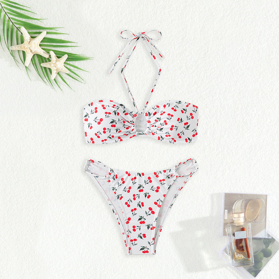 Women's bandeau bikini set with playful cherry pattern StylebySassy