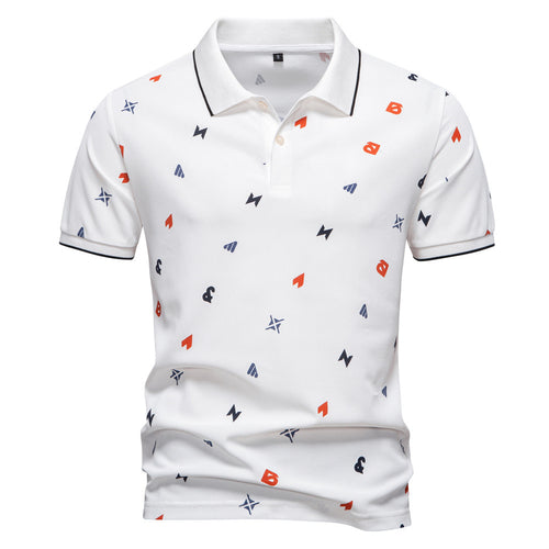 Men's short-sleeved pique polo shirt with geometric all-over print, kent collar, and contrast trim StylebySassy