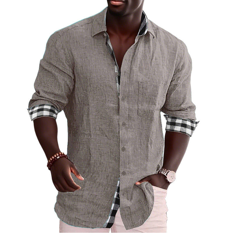 Men's linen mix casual shirt with contrasting check cuffs and a patch breast pocket StylebySassy