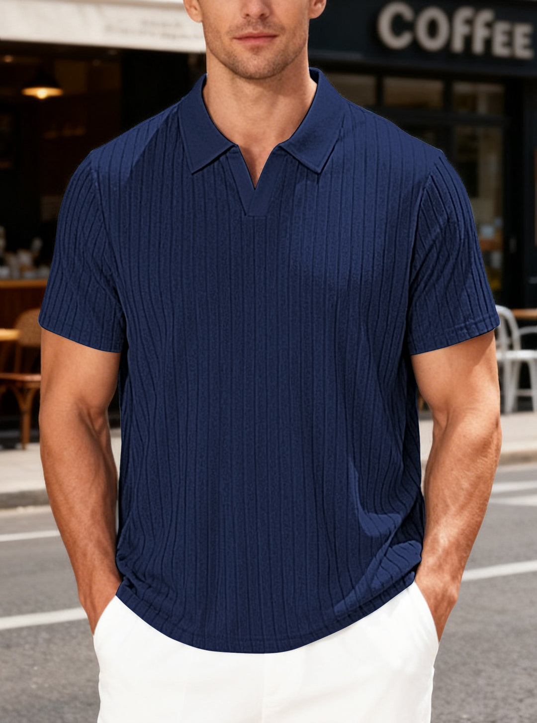 Men's structured short-sleeve polo with V-insert and shirt collar StylebySassy