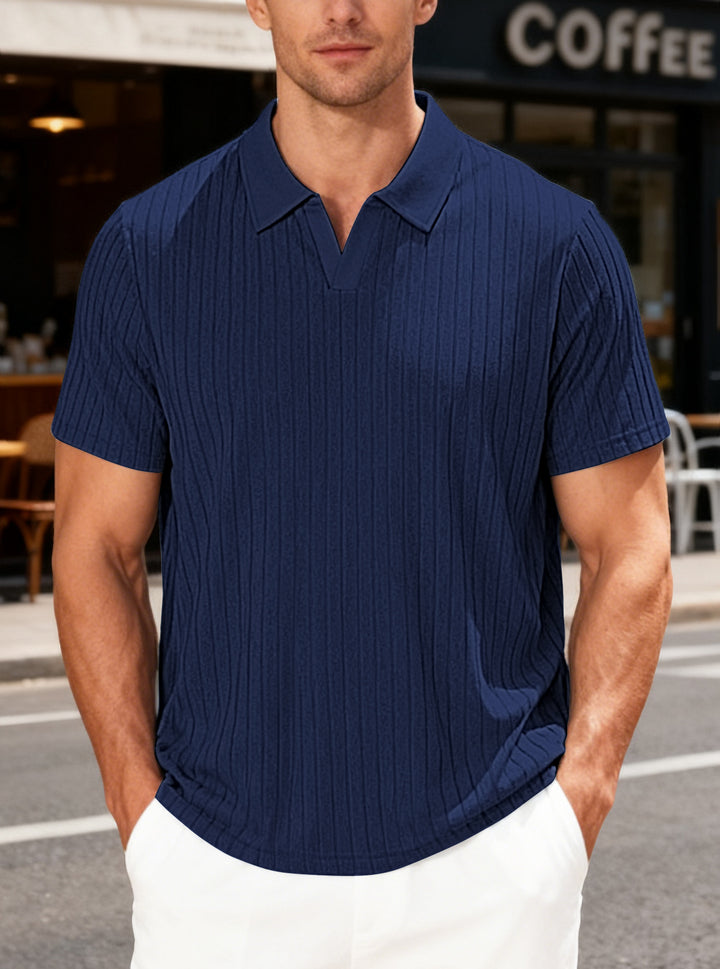 Men's structured short-sleeve polo with V-insert and shirt collar StylebySassy