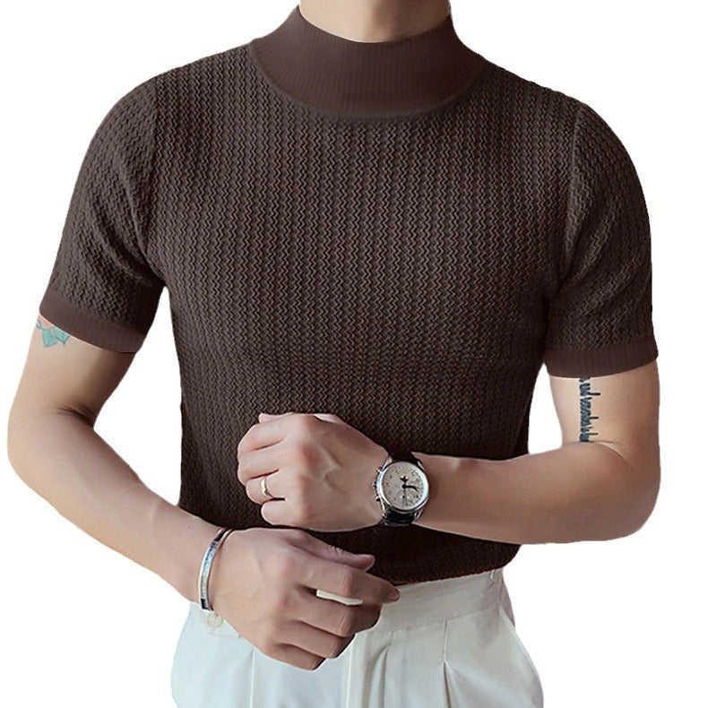 Men's short-sleeve stand-up collar fine knit shirt with fine ribbed structure StylebySassy
