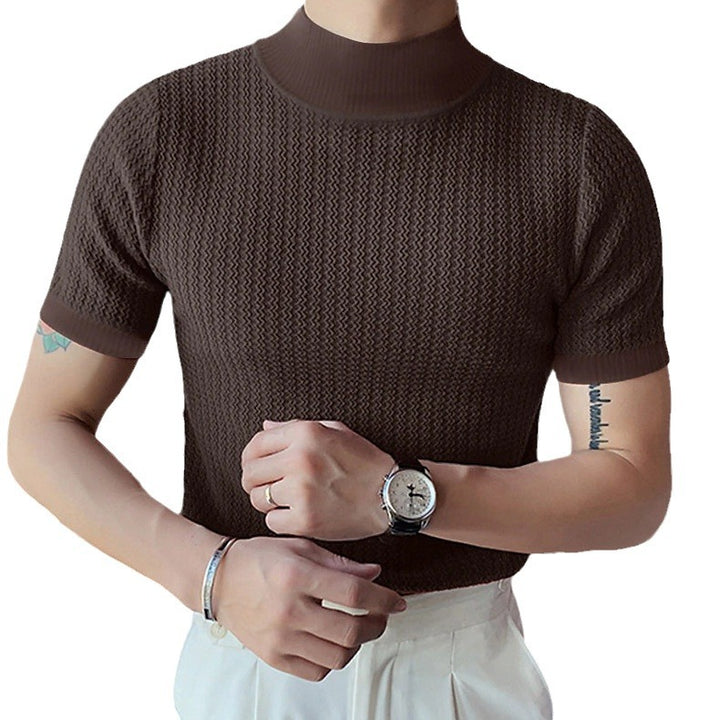 Men's short-sleeve stand-up collar fine knit shirt with fine ribbed structure StylebySassy