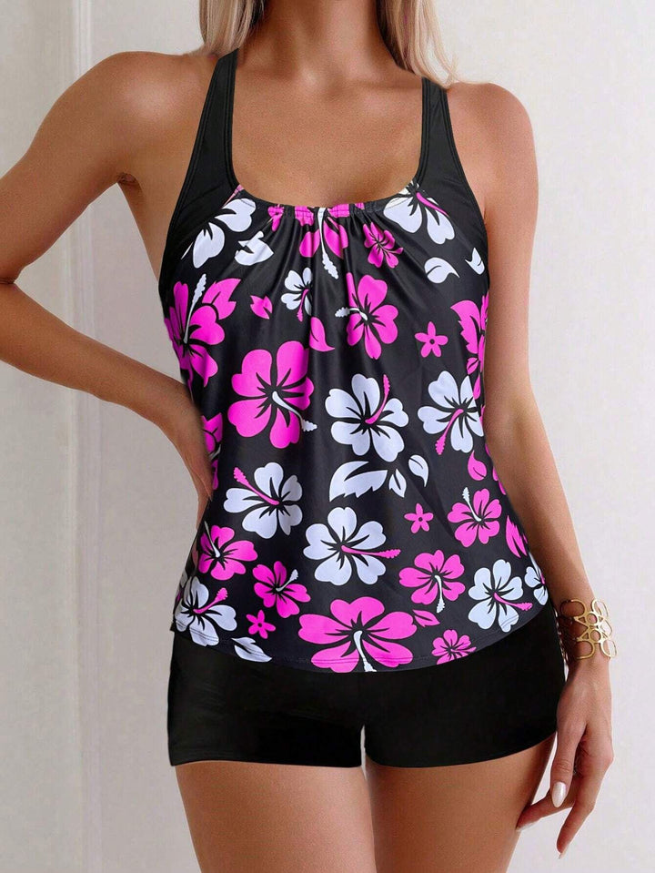 Women's Sporty Tankini Set with Floral Accents StylebySassy