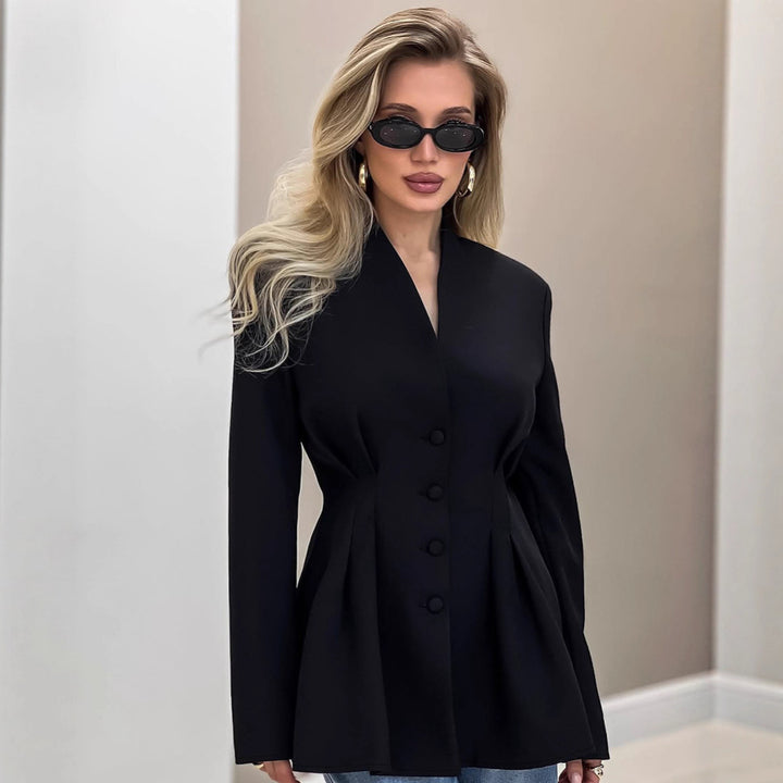 Women's nan tailored blazer with Vienna seams, covered buttons, and fitted pleated silhouette StylebySassy
