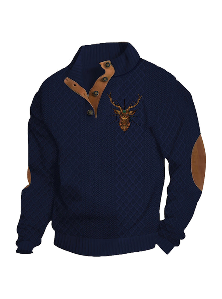 Men's nan Heritage textured pullover with stand-up collar faux leather trim elbow patches and half-button placket StylebySassy