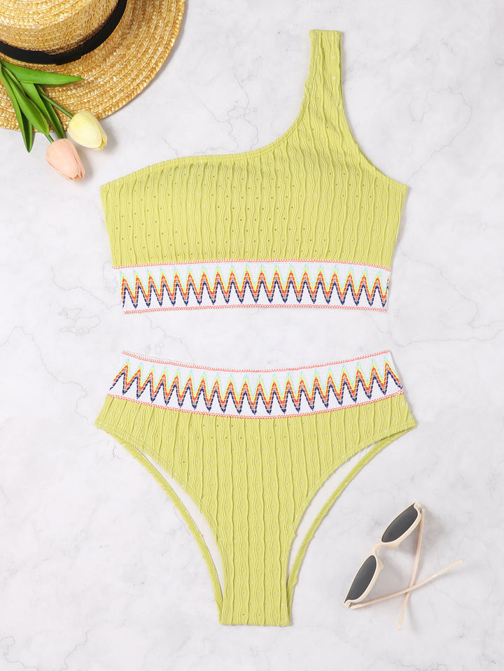 Women One-Sided Crop Bikini with Colorful Jacquard Ribbon StylebySassy